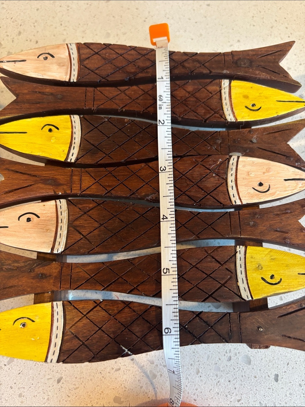 Handcrafted Wooden Fish Wall Accent or Trivots - Brown with Yellow & Pink Heads - Picture 4 of 5